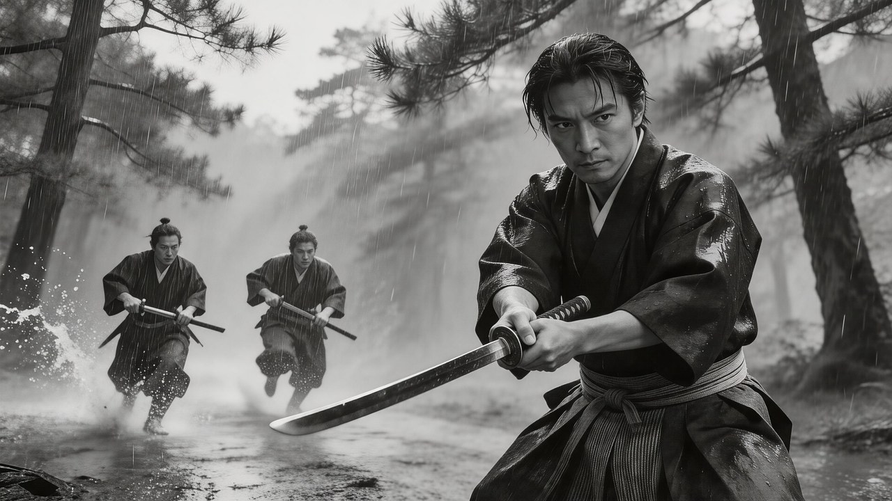黑泽明 · 大雨武士对峙 · 长焦压缩三人同框