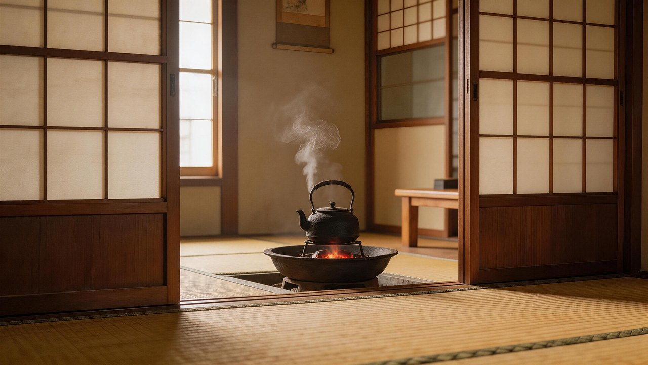小津安二郎 · 榻榻米低机位 · 铁壶蒸汽+纸门光