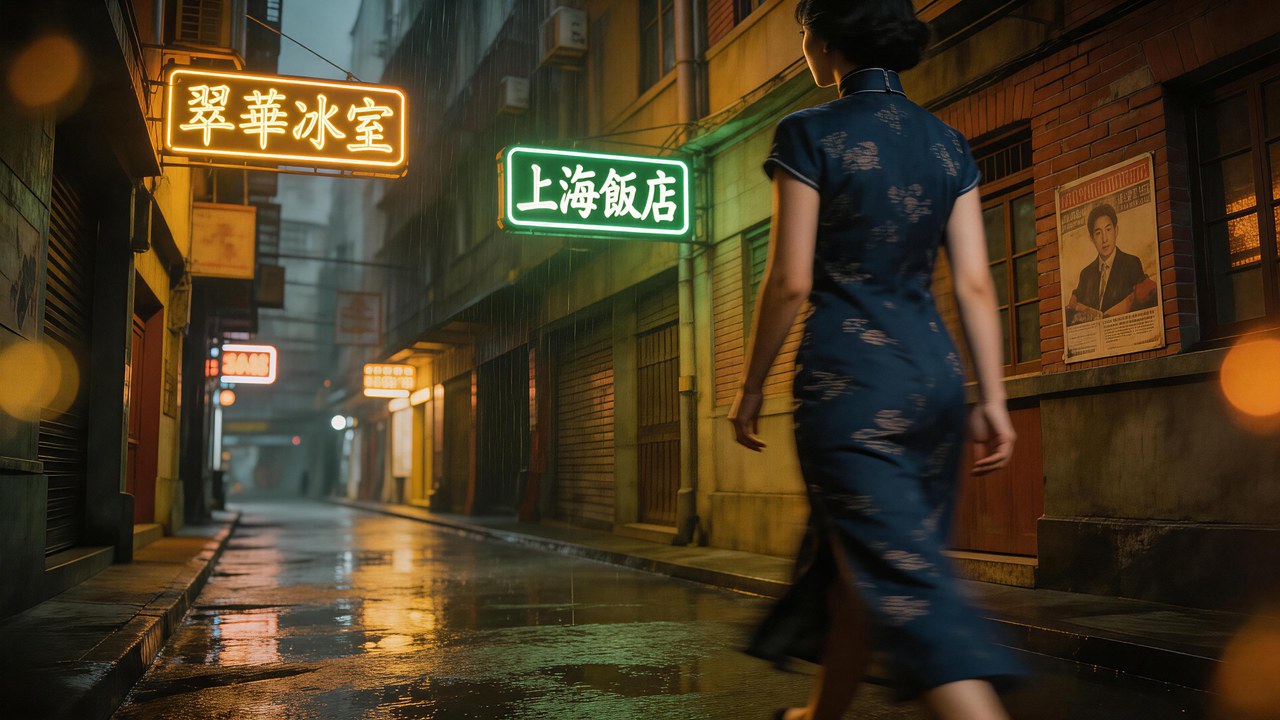 王家卫 · 霓虹巷弄 · 旗袍背影+雨水反光